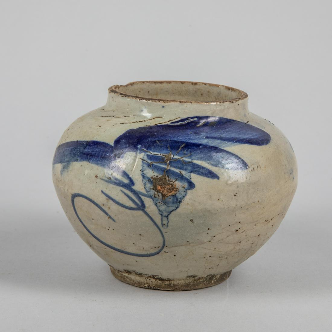 Korean Antique Blue & White Porcelain Jar: 17-18th Korean B & W porcelain jar. Minor chips. 4.25 inch H; 5.25 inch W.