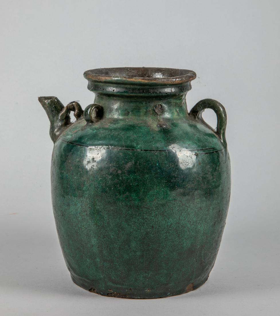 Chinese Antique Green Glazed Porcelain Pot: Minor chips. 9.25 inch H; 8 inch W.