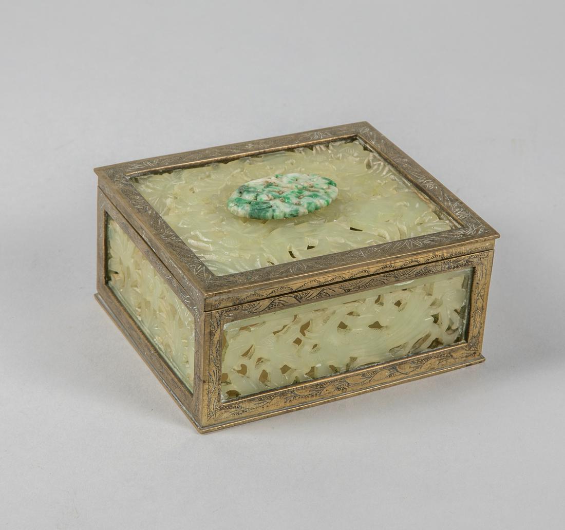 Chinese Antique Carved Jade & Brass Box: 4.25-3.25-2 inch