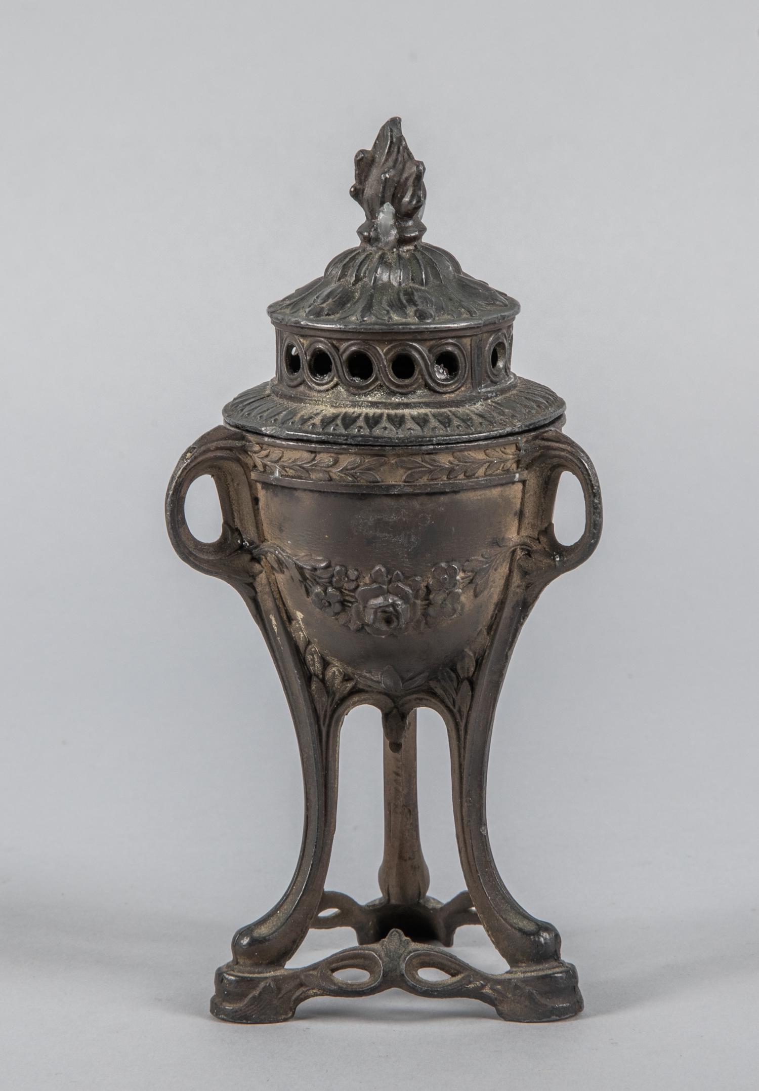 France Antique Carved Table Ink Jar: France carved table decorated ink jar. Metal. Minor chips. 6.25 inch H.