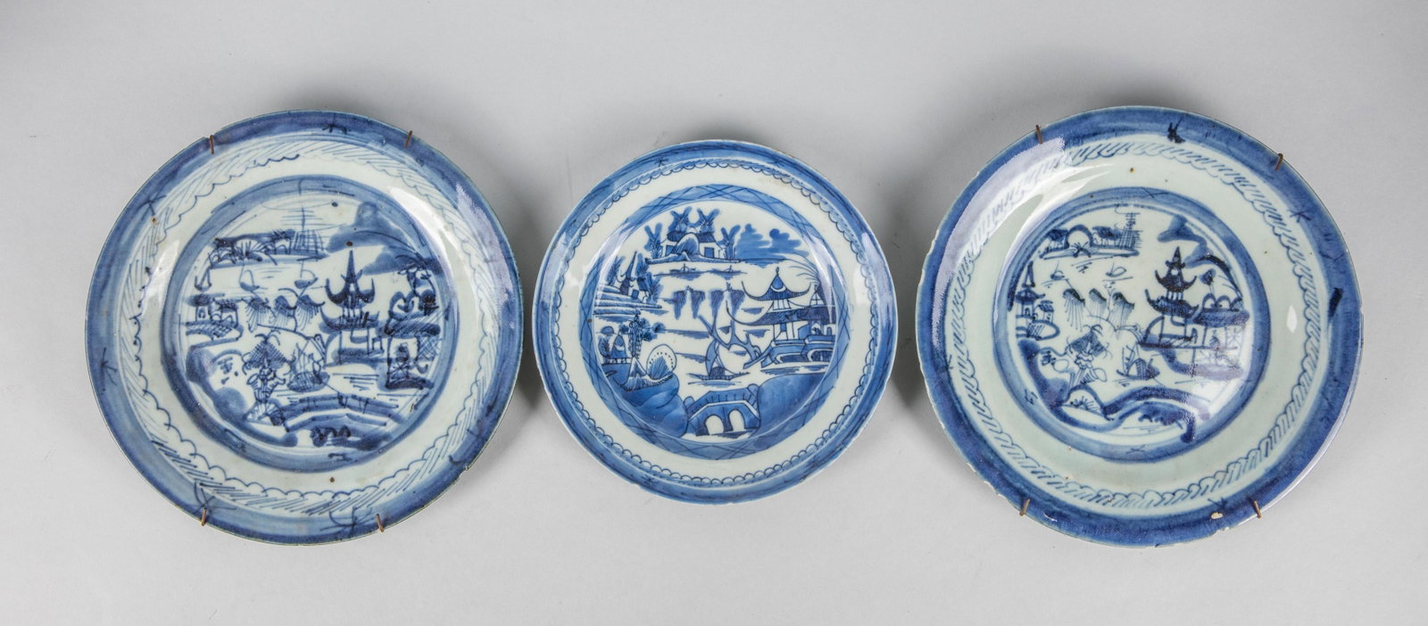 Set of Chinese Export Blue & White Porcelain Plates: Set of three Chinese export blue white porcelain plates, minor chips. 8.75 inch D. (largest).