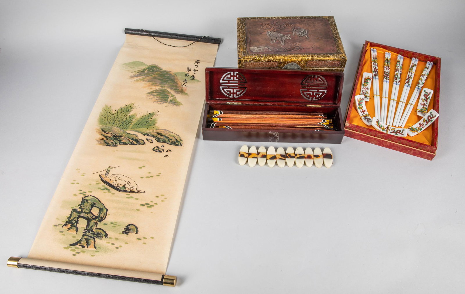 Group of Chinese Export Ornaments: Including two set of chopsticks & one jewelry box, and one painting.