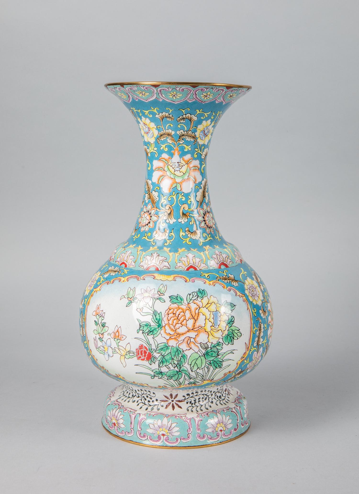 Tall Chinese Enameled Vase: Tall Chinese export enameled on copper vase, decorated with flowers. 12 inch H; 6.5 inch W.