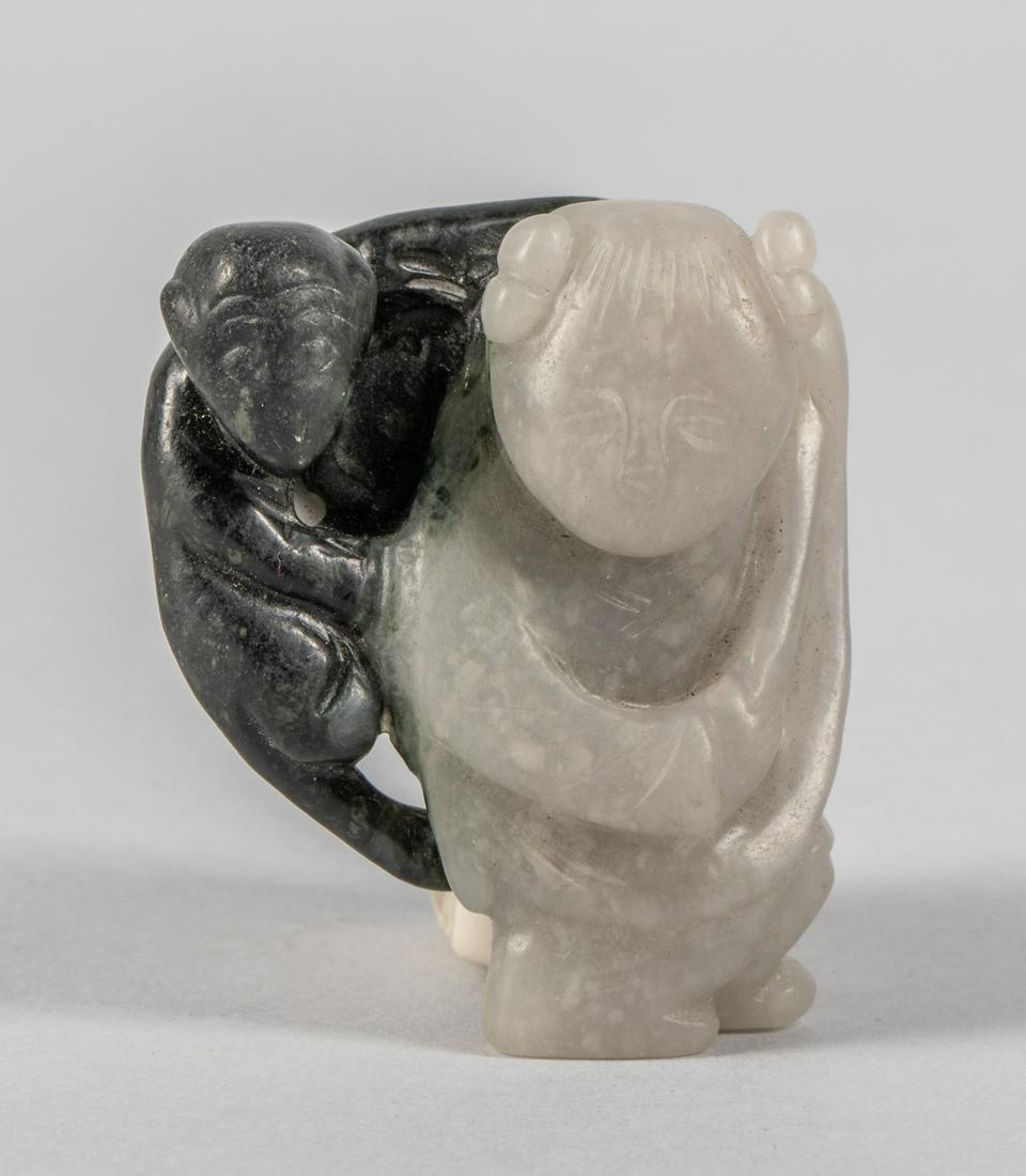 Chinese Jade Carving: Chinese black & white jade carvings of figure & monkey. 2.25-2 inch. The estate of the East Los Angeles, CA, 2020.