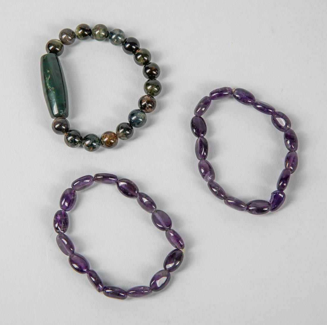 Group Of Tourmaline & Amethyst Beaded Bracelets: Total of 3 pieces including 2 amethyst beads bracelets, and one tourmaline beads bracelet.
