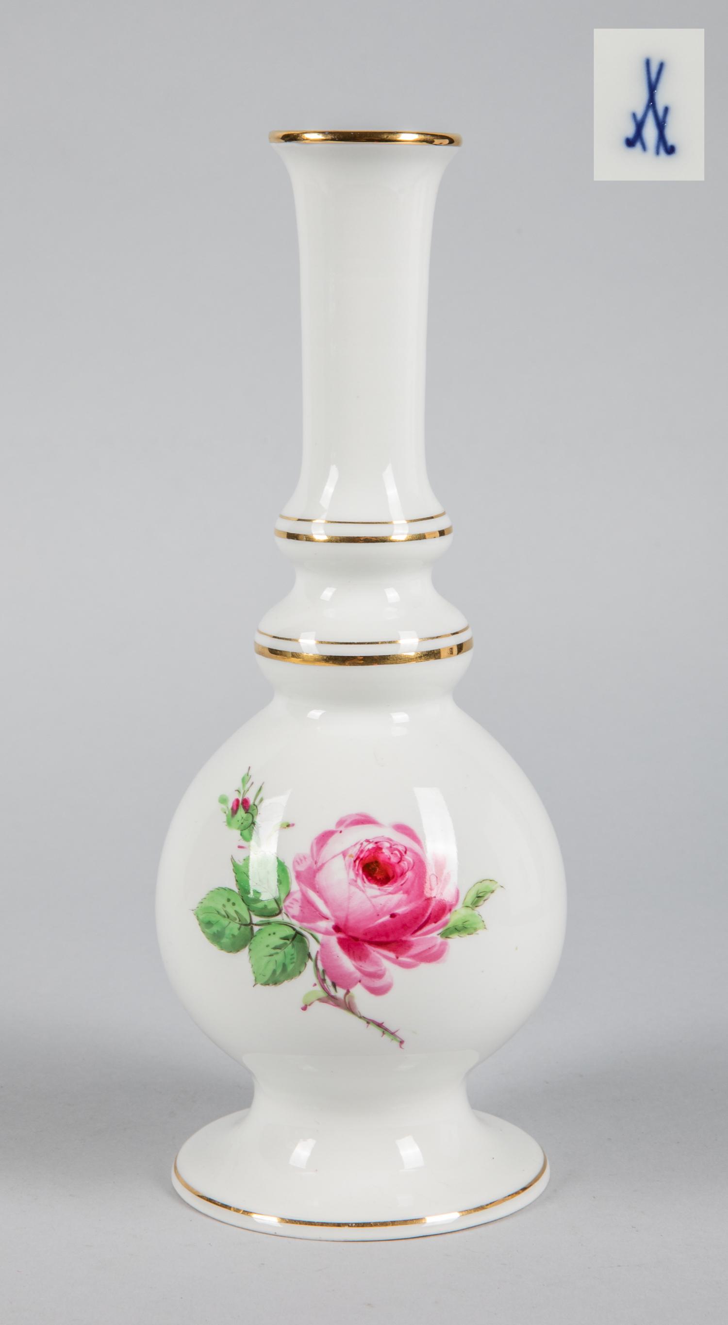 Enameled Meissen Gold Porcelain Vase: Enameled Meissen porcelain vase, decorated with flowers & gold lines. 9.75 inch H.