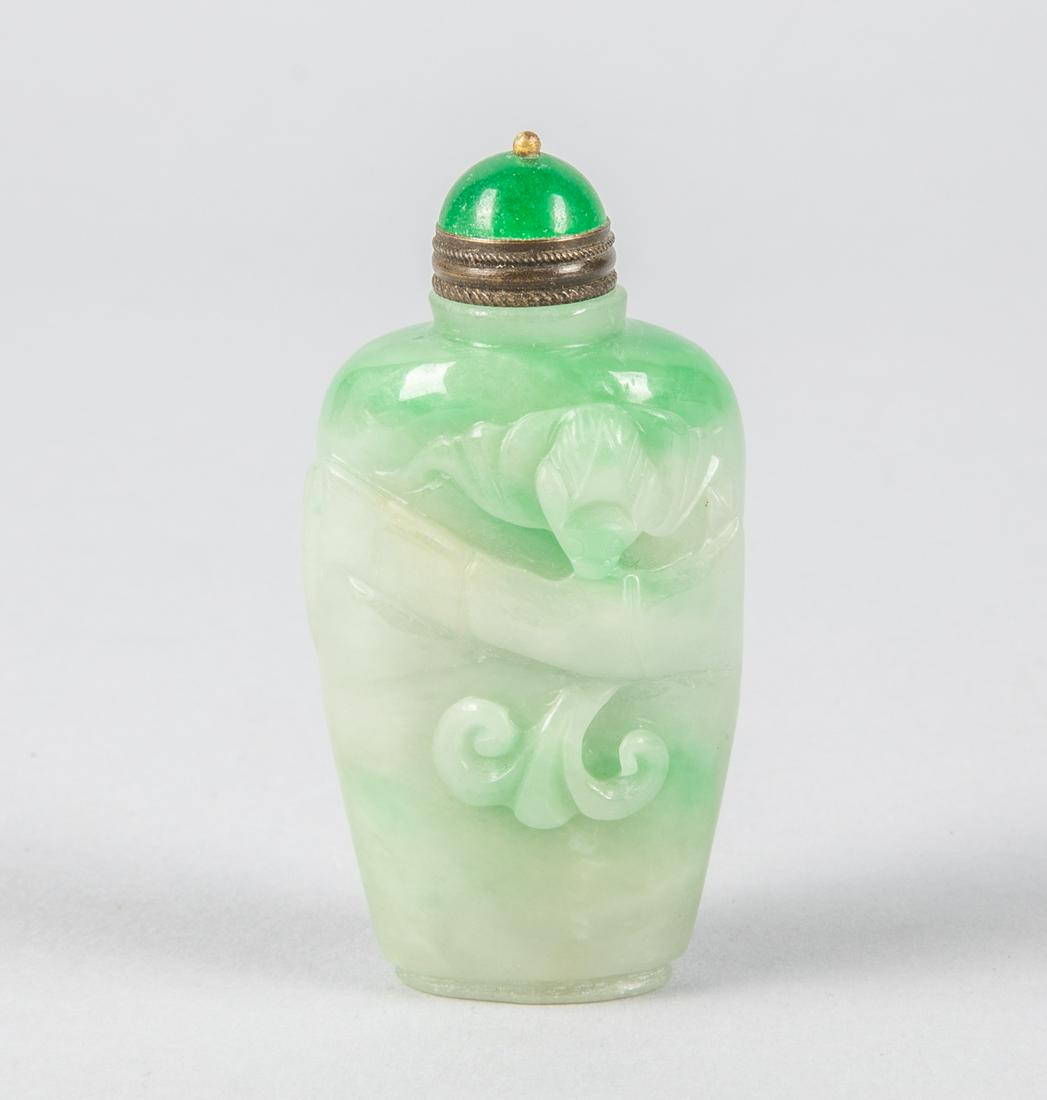 Chinese Carved Jade Jadeite Snuff Bottle: Chinese carved jade jadeite snuff bottle, decorated with bat & ruyi. Jade like glass stopper. 1.5-3 inch.