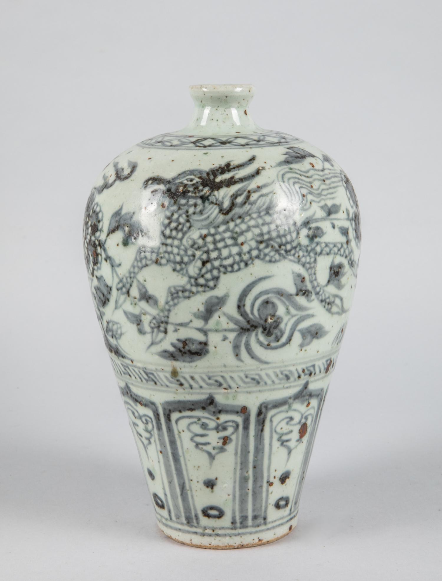 Korean Joseon Blue White Porcelain Vase: Korean old Joeson type porcelain vase, decorated with beast, bird & flowers. 10.75 inch H; 6 inch W. Korean Joseon Blue White Porcelain Vase