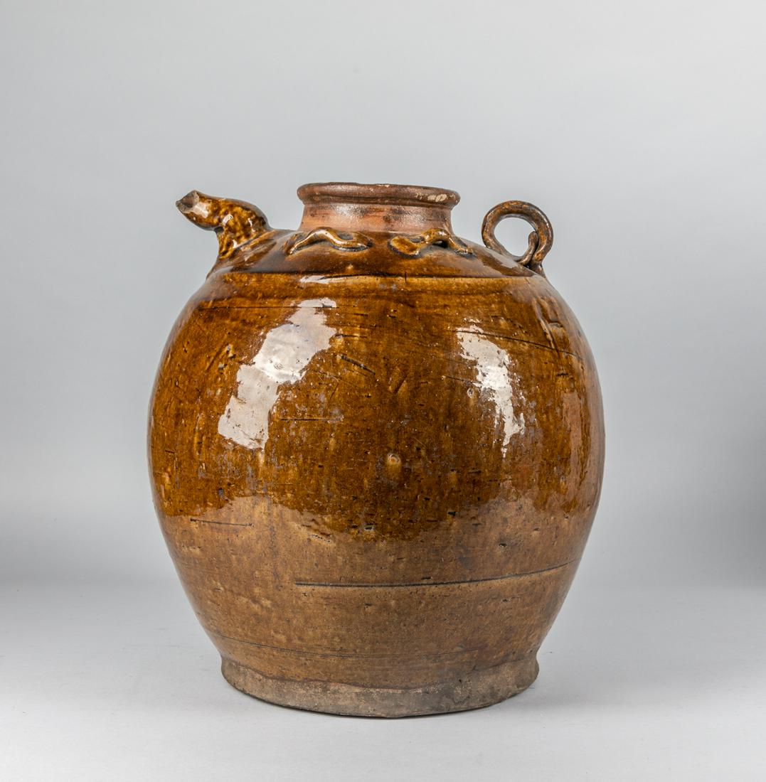 Large Korean Joseon Brown Glazed Pottery Jar: Large Korean Joseon type brown glazed pottery pot. Minor chips, cracked. 15.5 inch H; 12 inch W.