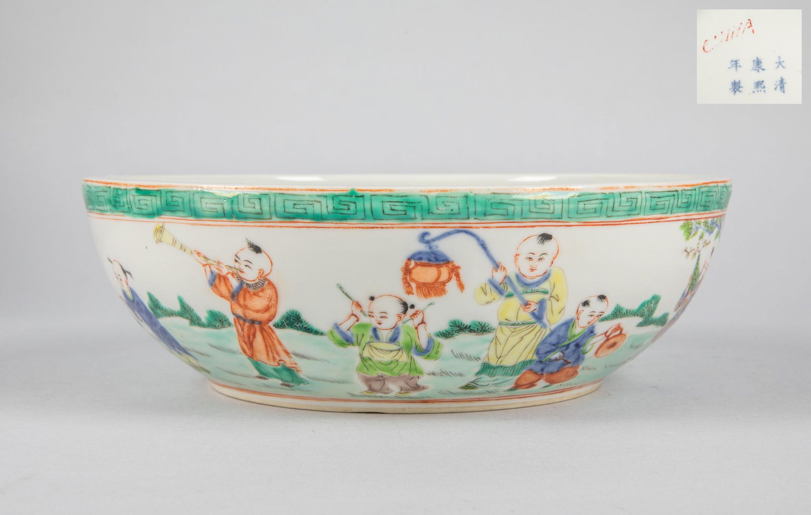 Large Chinese Old Wucai Porcelain Washer: Large size Chinese wucai porcelain brusher washer, 20th Chinese trade mark. 9.75 inch D; 3 inch H. The estate of P. C. Chen. Los Angeles, 1980.