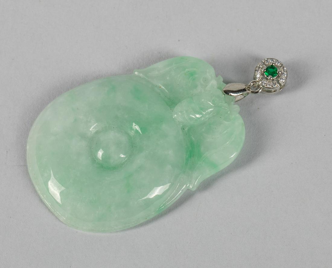 Chinese Jade Jadeite Carving: Chinese jade carving decorated with bat & coin. 1.4-2 inch. (jadeite only).