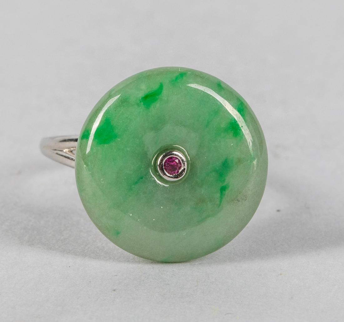 Collectible Chinese Jadeite Ring: Designed Chinese nice translucent green color jadeite with ruby stone ring, open size.