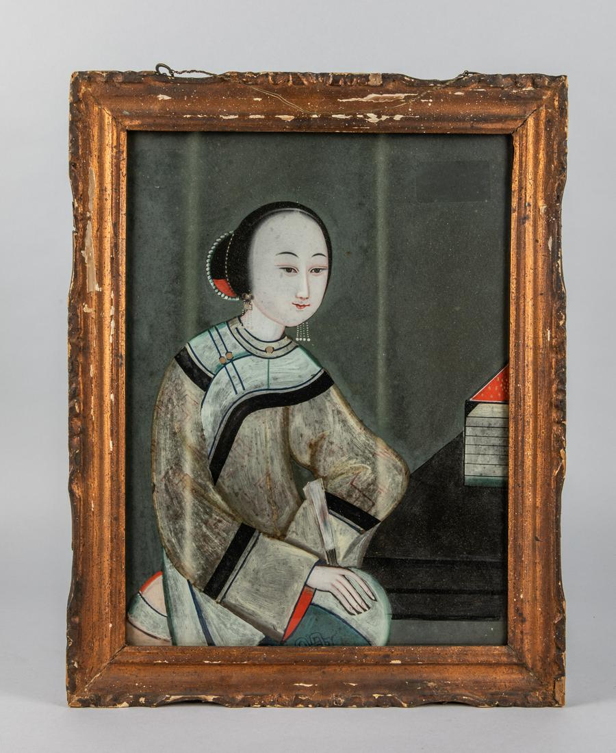 Chinese Antique Water Color Painting: Chinese water color painting of lady with frame. 18.75-14.75 inch.