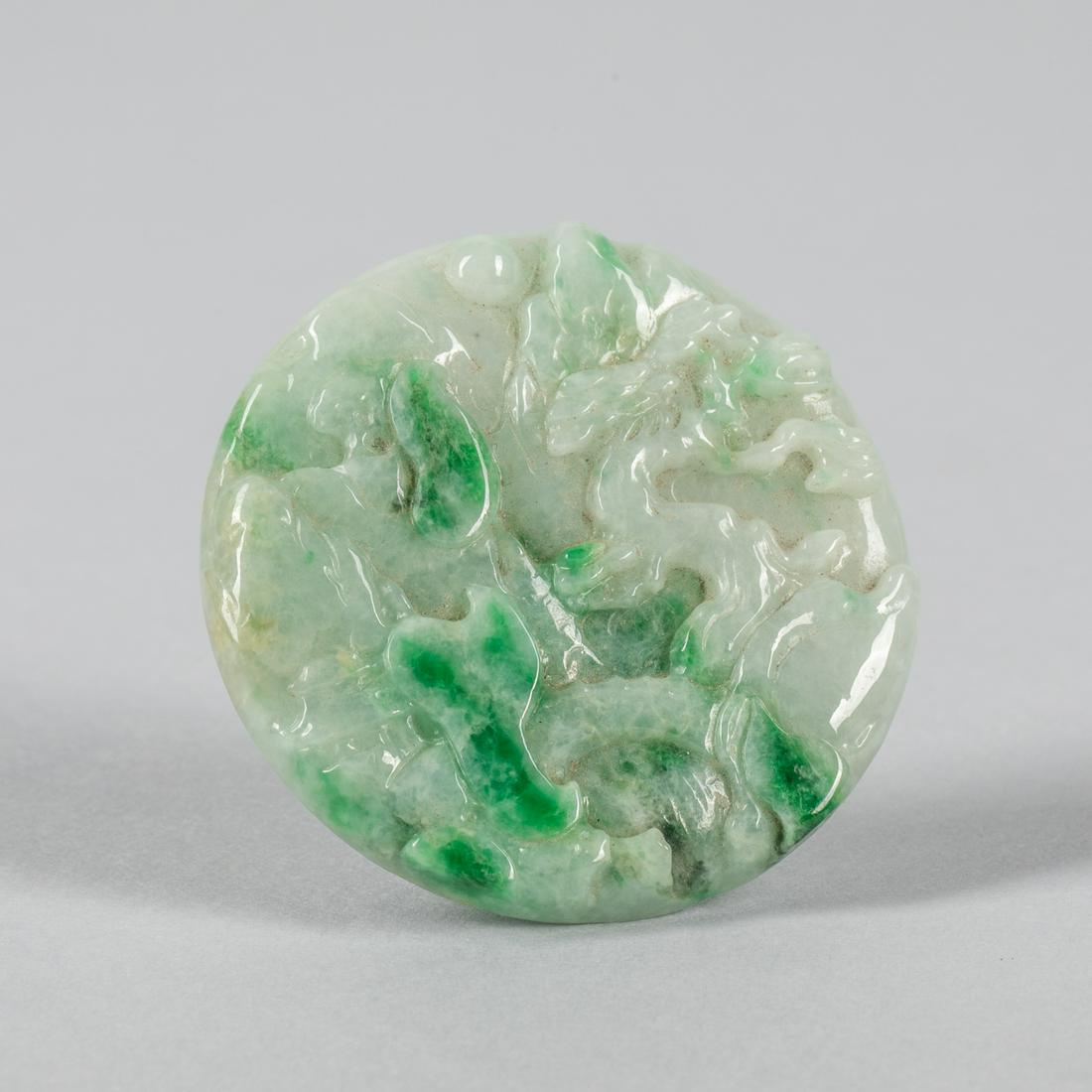 Chinese Jadeite Carving: Chinese jadeite carving, decorated with landscapes. 2.1 inch D.