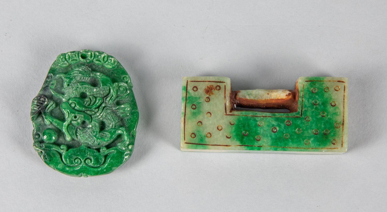 Old Jadeite Like Carvings: Set of two jadeite carving, pendant and lock. 1.1 inch W; 2.5 inch L.