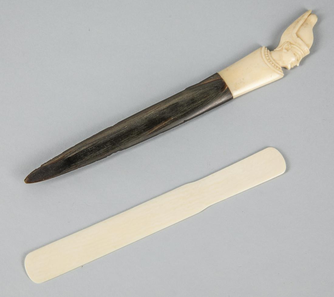 Bone Like Letter Openers: Set of two letter openers, made of bone like and horn. 1 inch W; 9 inch L(largest).