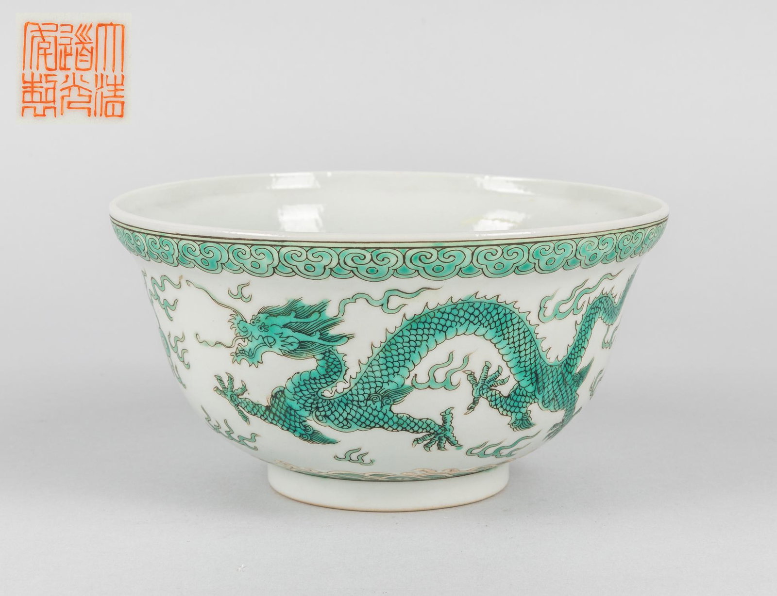 Chinese Famille Rose Porcelain Bowl: Chinese Famille Rose porcelain bowl with dragon pattern and six characters mark at the bottom. 6.5-3.3 inch