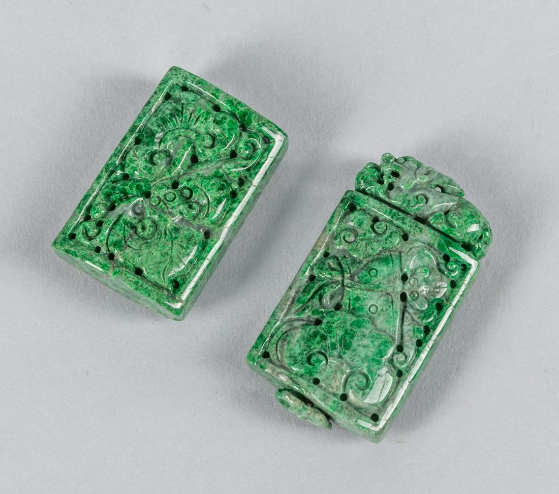 Set of Chinese Jadeite Stone Carvings: Well carved jadeite like pendants decorated with bats. 1 inch W; 1.75 inch L(largest).