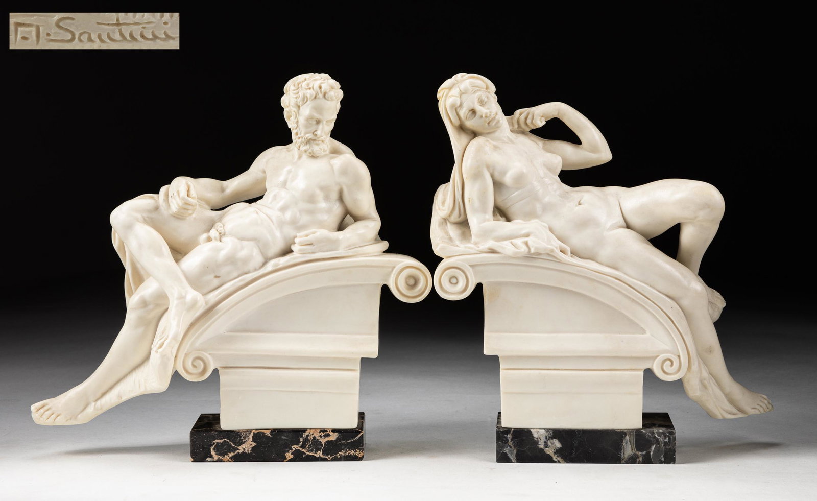 Pair of Italy A.Santini Classic Figures: Each figure is placed on a rectangular marble stand, the body in a reclining position, a fine replica, nice sheen to the alabaster that depicts every muscle and sinew. 9.3*8.9 inch
