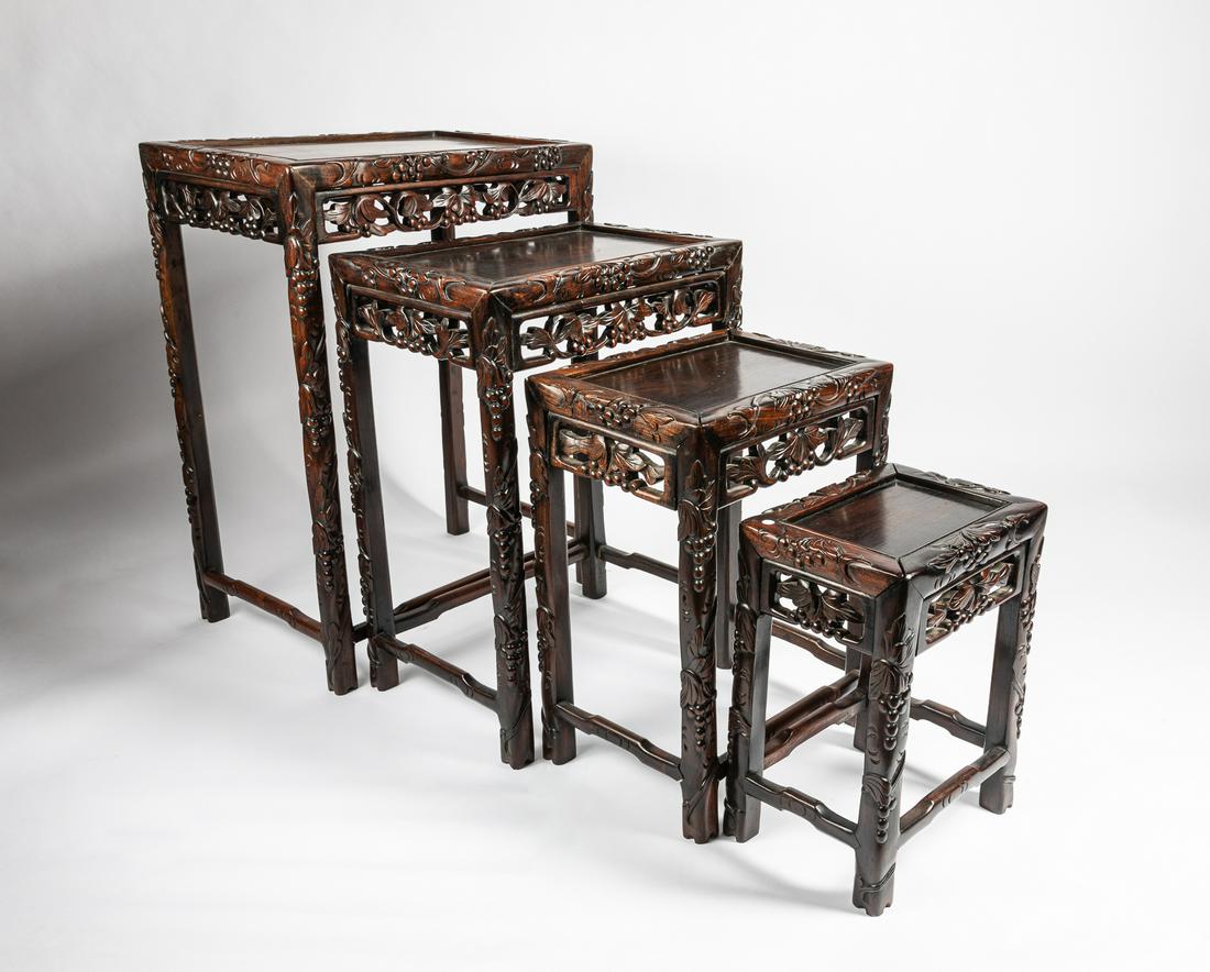 Chinese Old Rosewood Four Inlaid Quartetto Tables: a set of four regency style inlaid quartet tabes, each of the square floating penal, supported underneath by grape foliate carved beaded edge apron, supported on four legs. 19.7*14.4*27.6 inch