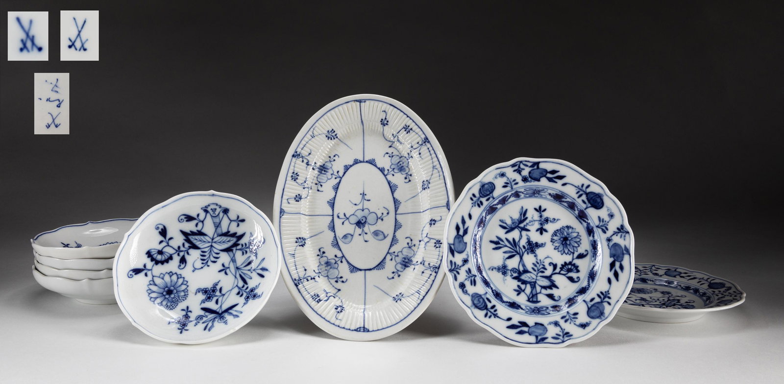 Group of Germany Meissen B/W Porcelain Plates: Group of 8 pieces, each interior painted with foliate floral and leafy scrolls, the base inscribed with Meissen mark. 9.1*1.1 inch (largest)