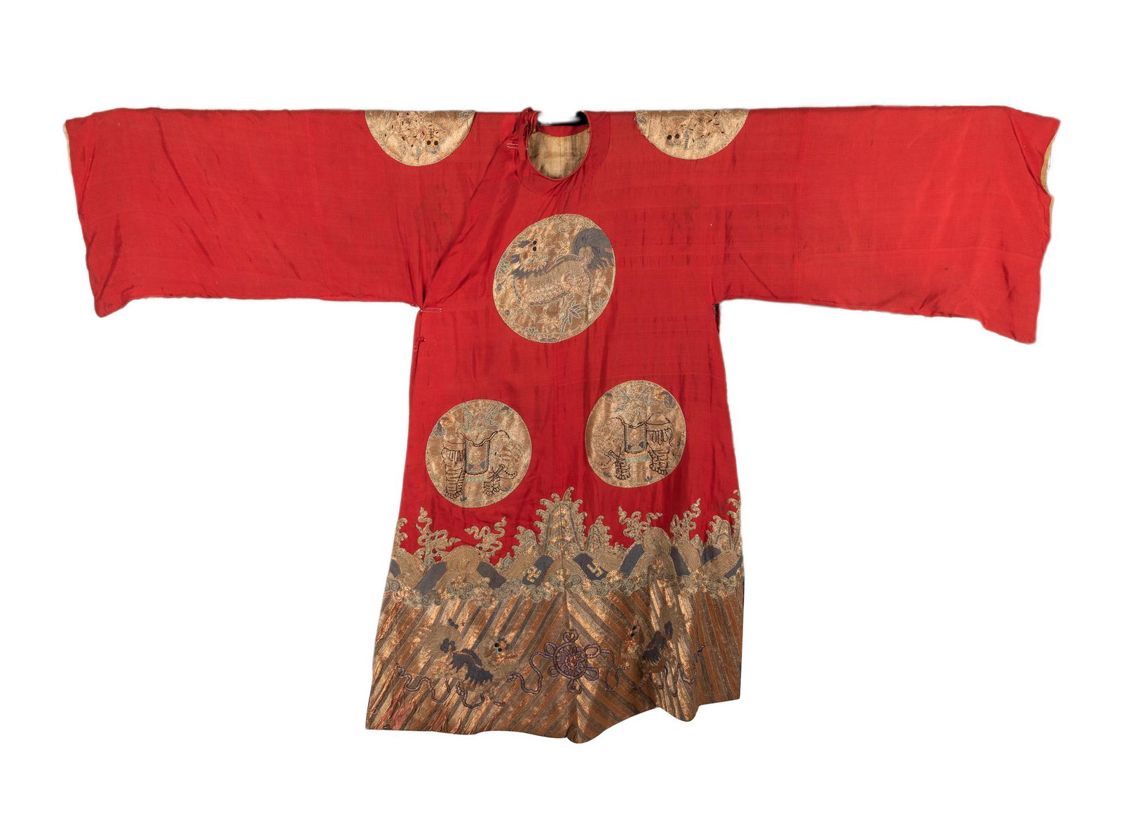 Korean Joseon Emperor Type Embroidered Silk Robe: Embroidered with eight medallions, decorated with a sinuous dragon and elephants, the design repeated on the cuffs, collar and sleeve bands, the bottom embroidered with ocean wave, edged in gold and b