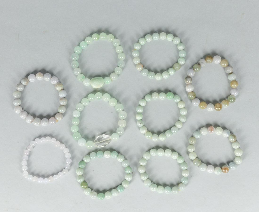 Group of Chinese Export Jadeite Stone Prayer Beads: Set of ten Chinese export jadeite stone prayer beads. 3.5 inch(longest).