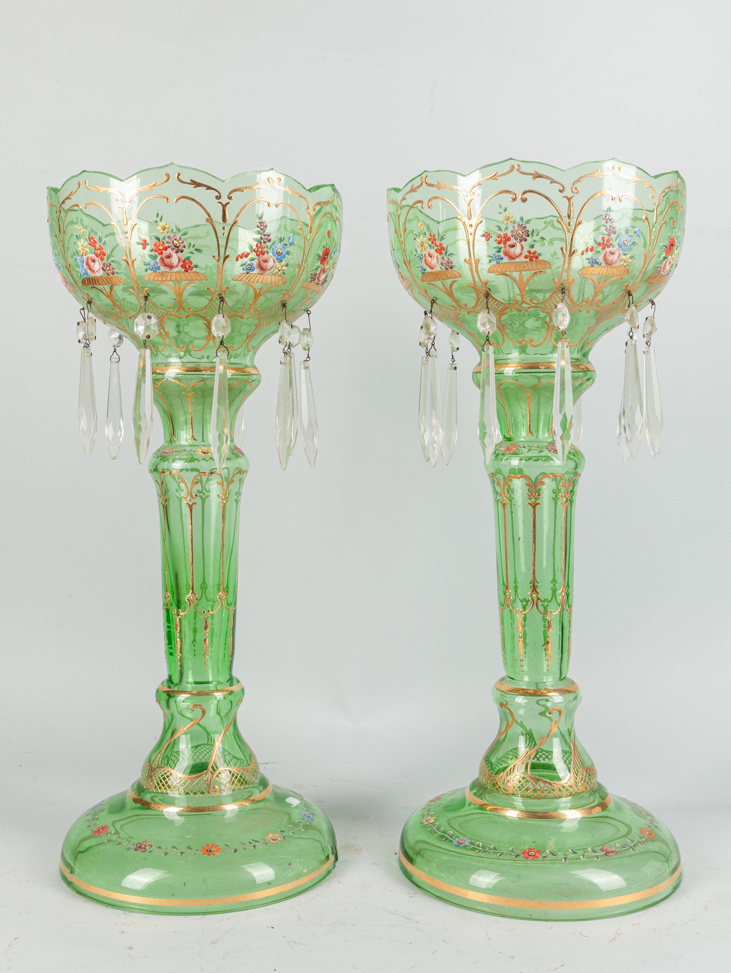 Pair Vintage Bohemian Art Glass Mantle Lusters: Pair Vintage Bohemian Art Glass Mantle Lusters,decorated with painted flowers and glass drips, minor chips at the bottom and missing parts. 8x18 inch.