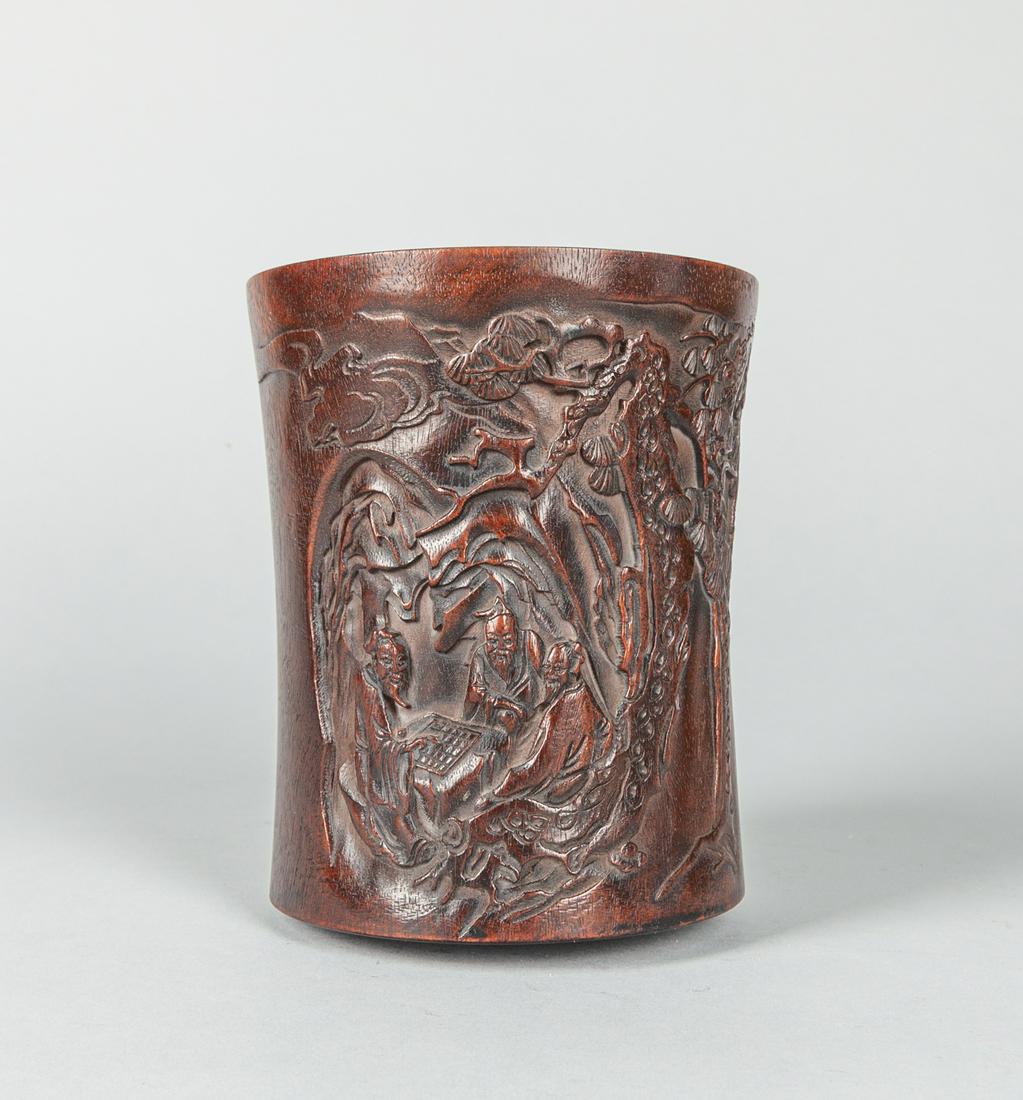 Collectible Chinese Carved Wood Brush Pot: Chinese carved wood brush pot, with figures and pine trees.4.25x5.25 inch. The Estate of the J. P. Chen, HK, 1999.