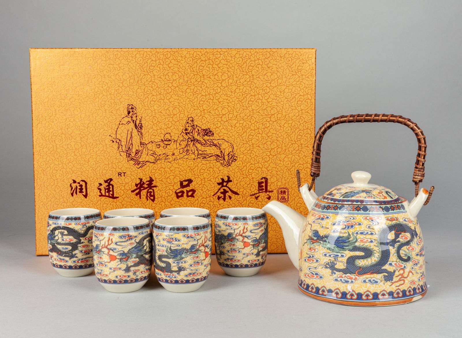 Set Chinese Porcelain Tea Wares: Set of seven pieces Chinese porcelain tea wares, one tea pot with six tea cups. 15.2x11x5 inch(box size)