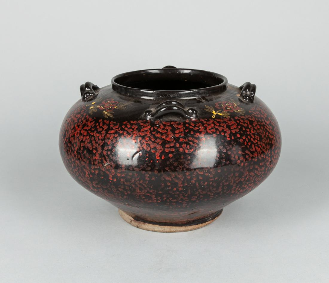 Korean Flambe Glazed Pottery Jar: Large Korean flambe glazed potter jar. 9x6.5 inch.