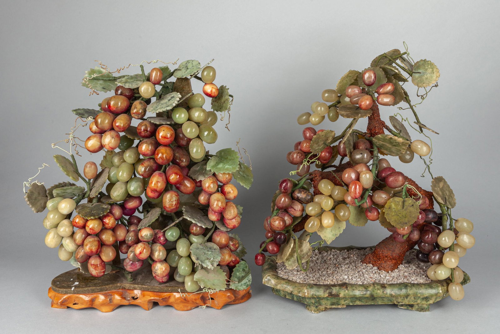 Set Chinese Export Jade Stone Bonsai: Set of two Chinese export jade stone bonsai, grape tree with leaves and grapes. 13x15 inch(largest).