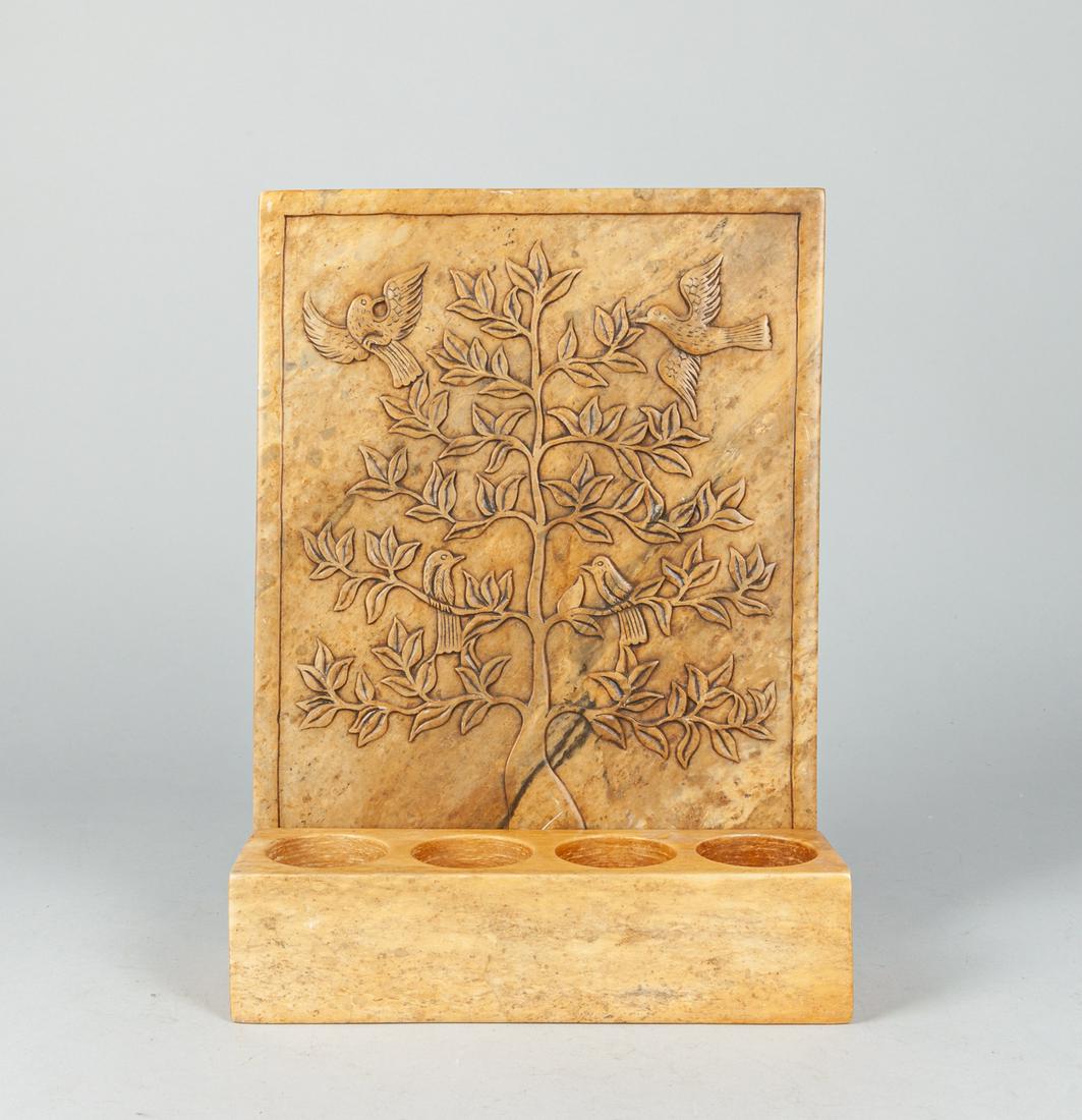 Chinese Export Stone Candle Stick: Chinese export stone candle stick with carved screen, decorated with tree and birds. 8x11 inch.