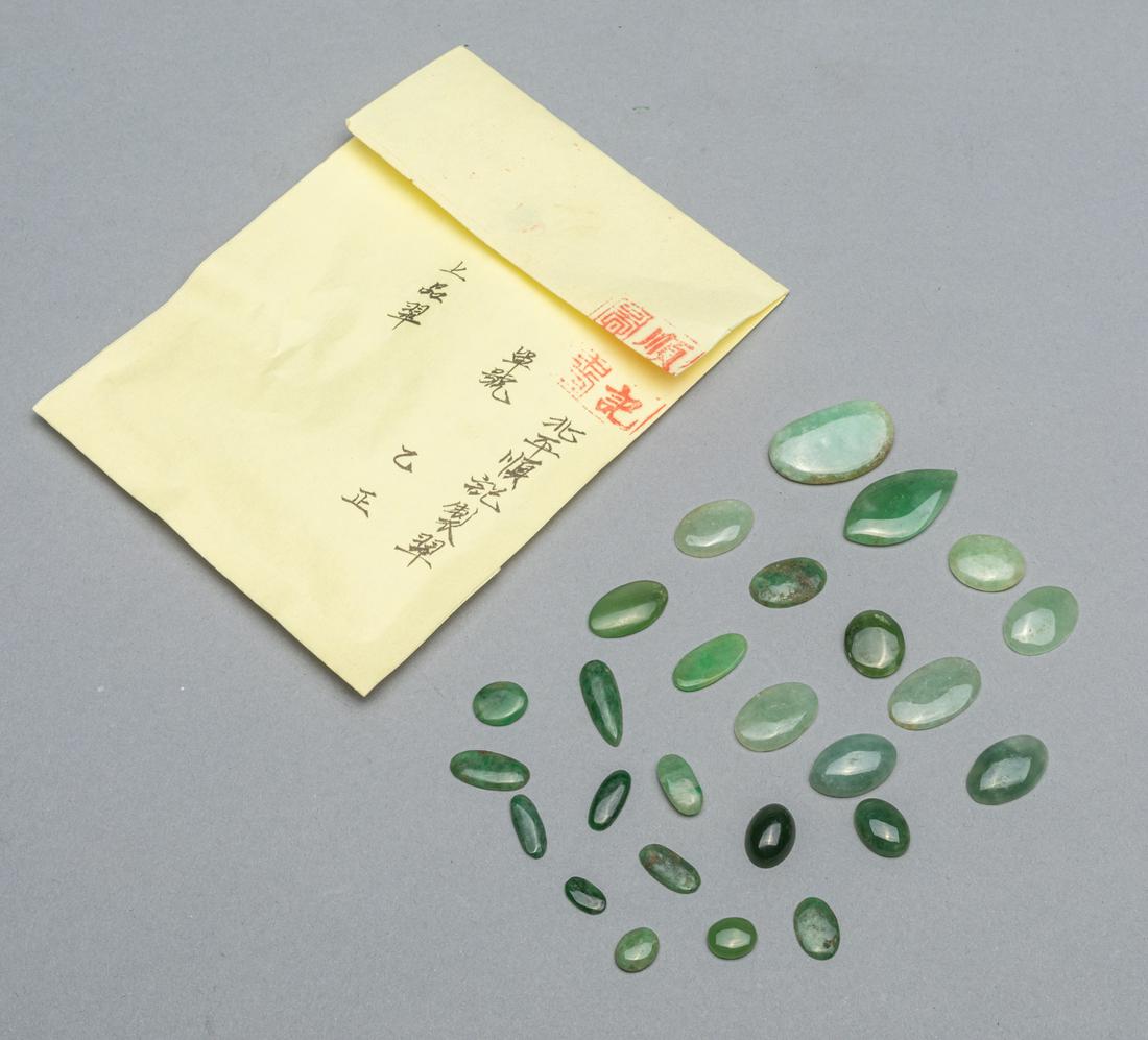 Group of Chinese Old Jade Jadeite Cabs: Group of Chinese old jade jadeite cabs. 30g (total). The Estate of C. F. Ma, HK, 1995.