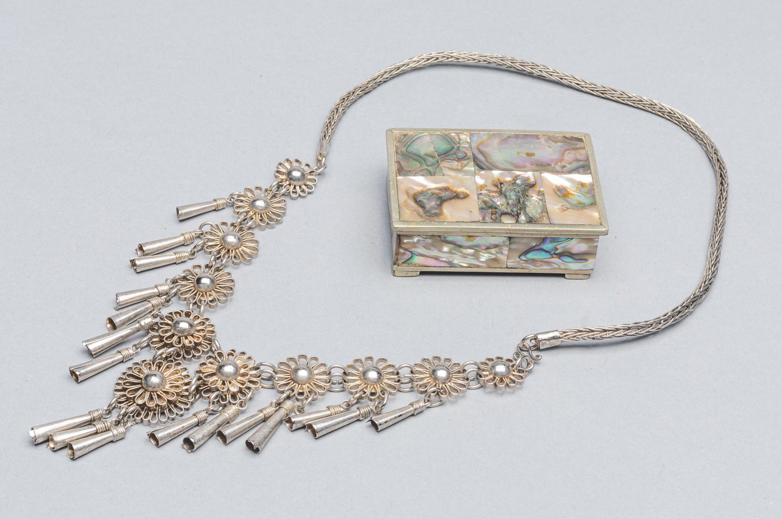 Set English Type Silver Necklace and Box: One abalone shell silver box and one flower necklace. 20 inch L(necklace). Private Collection from Los Angeles Estate.