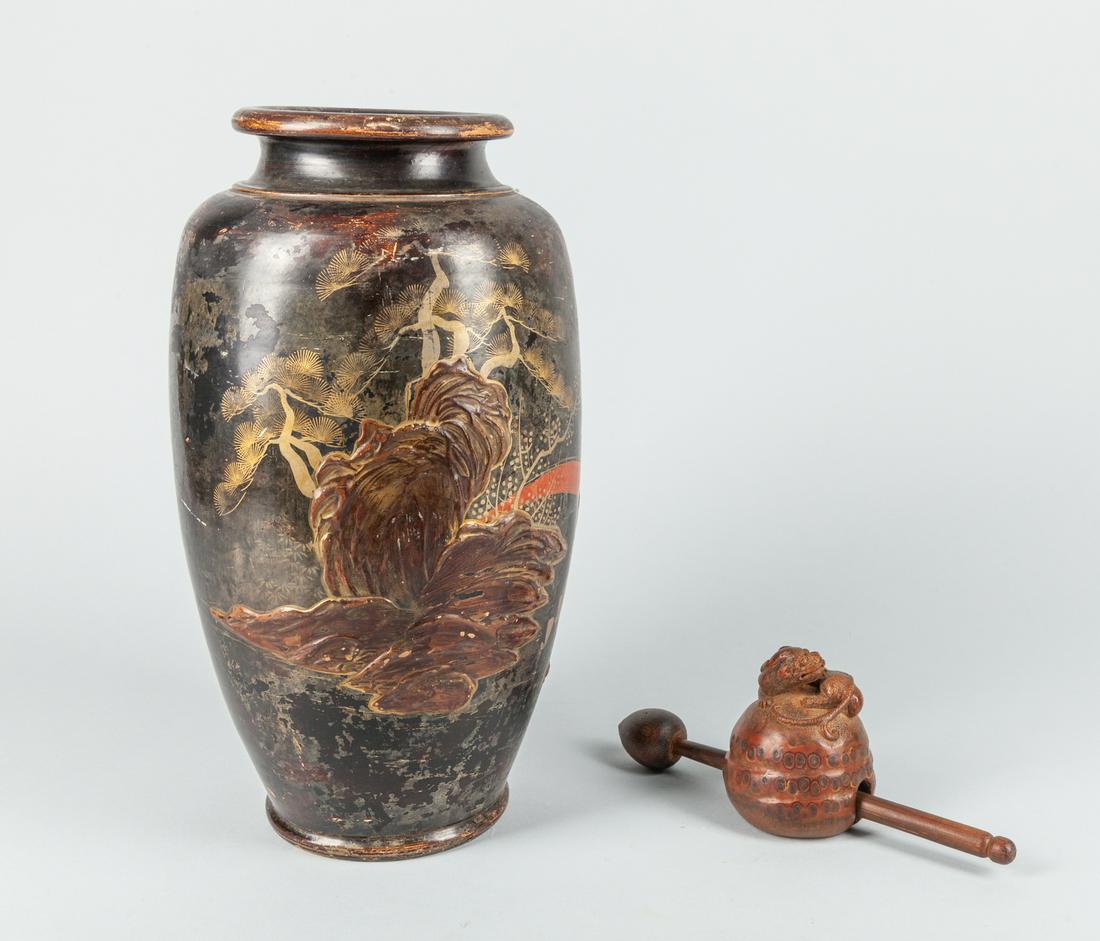 Set of Japanese Lacquer & Bamboo Items: Set of Japanese items, one bamboo carving and one lacquer on pottery vase, minor chips on the vase. 6.25x12.5 inch.
