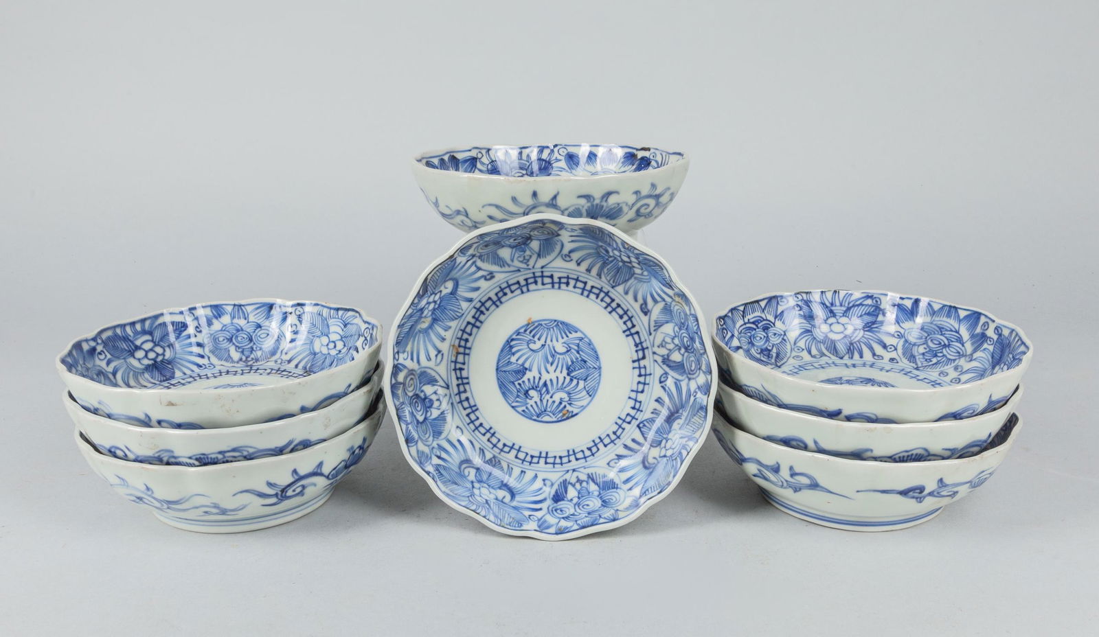 Set Japanese Meiji Type Blue & White Porcelain Bowl: Set of 7 pieces 19th Japanese antique blue white porcelain dishes: five of cups; one plate, one flagon. 5.7*1.8 inch.