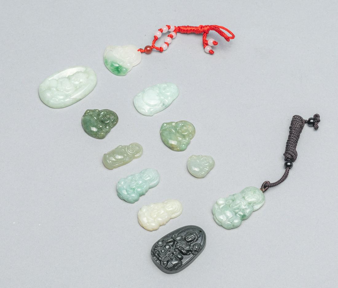 Chinese Export Jade Jadeite Carving: Group of eleven Chinese export jade jadeite carving: six of buddha shape pebble; four of Kuanyin shape pebble; one black Kuanyin shape pebble. 1.75*1.1 inch. (largest pebble only)