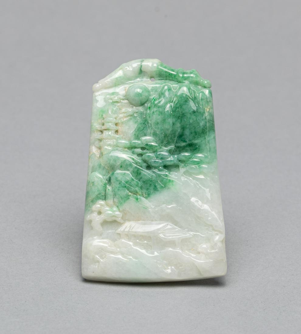 Chinese Export Jade Jadeite Carving: Art Chinese export jade jadeite landscape carving with sun, mountain, tower, stones, house, and tress. 2.7*1.7 inch; 48.3g. The Estate of the Steven Chang Art, SF, 1995.