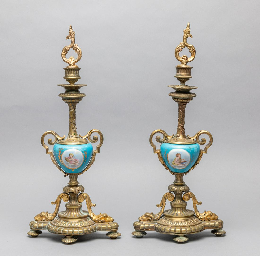 Pairs of Louis XVI Style Enameled & Brass Candlesticks (1 of 9)