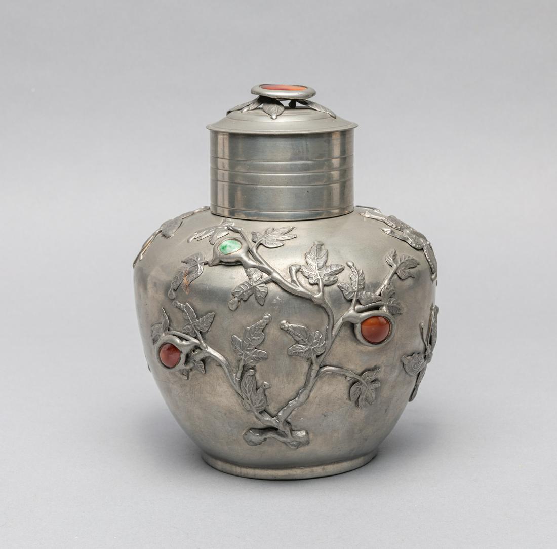 Chinese Old Pewter & Jade Gem Stone Tea Jar (1 of 9)