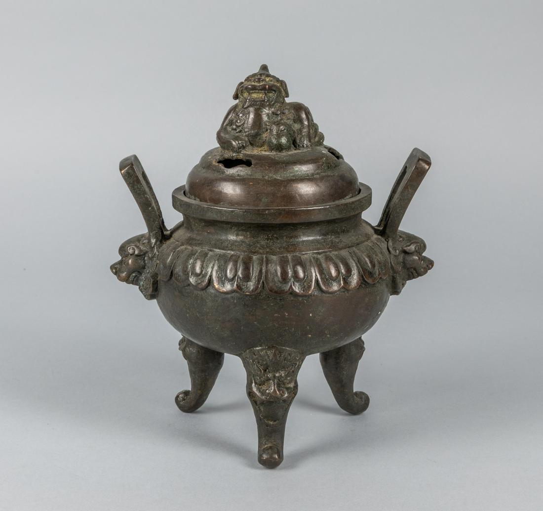 Japanese Meiji Bronze Incense Burner: Japanese Meiji type bronze incense burner with lid. 6 inch D; 7.35 inch H.
