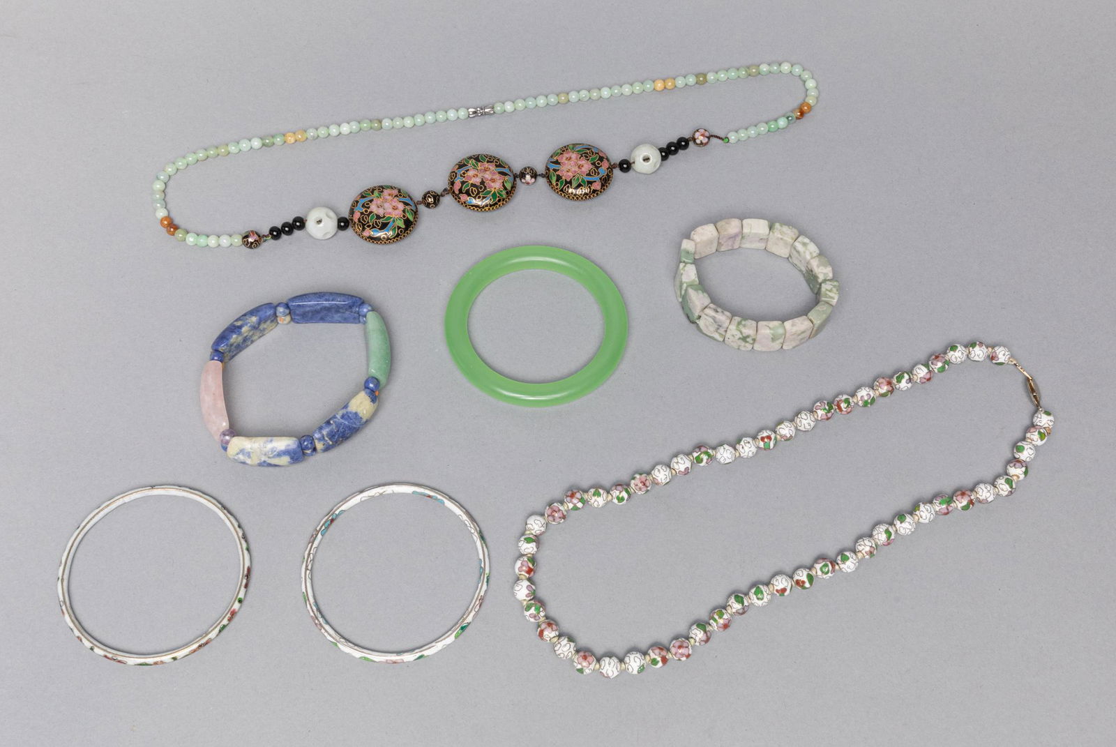 Set Chinese Export Jade Stone, Cloisonne Jewelries (1 of 11)