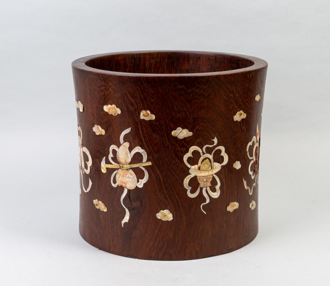 Large Chinese Wood Brush Pot Inlaid Mother of Pearl (1 of 13)