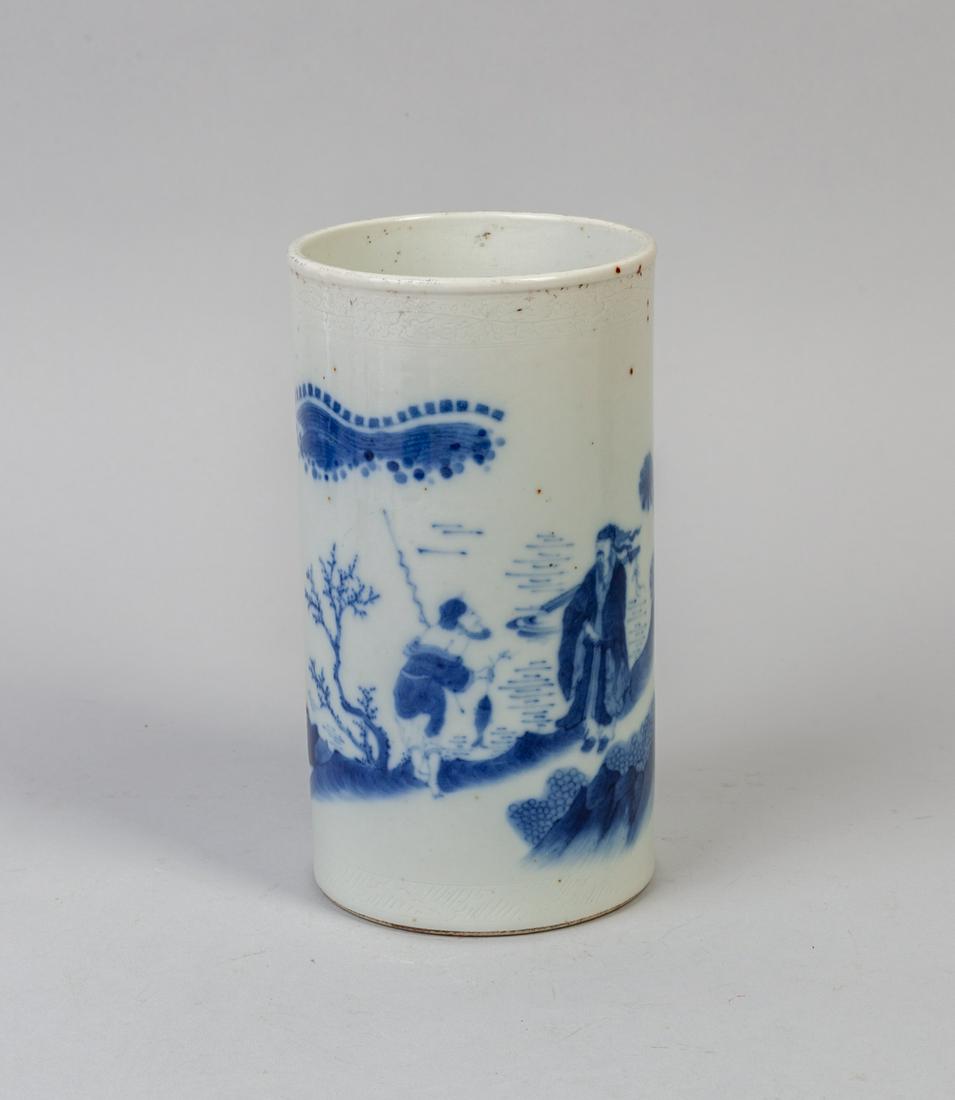Chinese Old Blue White Porcelain Brush Pot: Chinese blue and white brush pot, of cylindrical form, the exterior printed with two figures standing in the landscape of mountain, trees, and waterfall lake.6.7inch H, 3.7inch D.