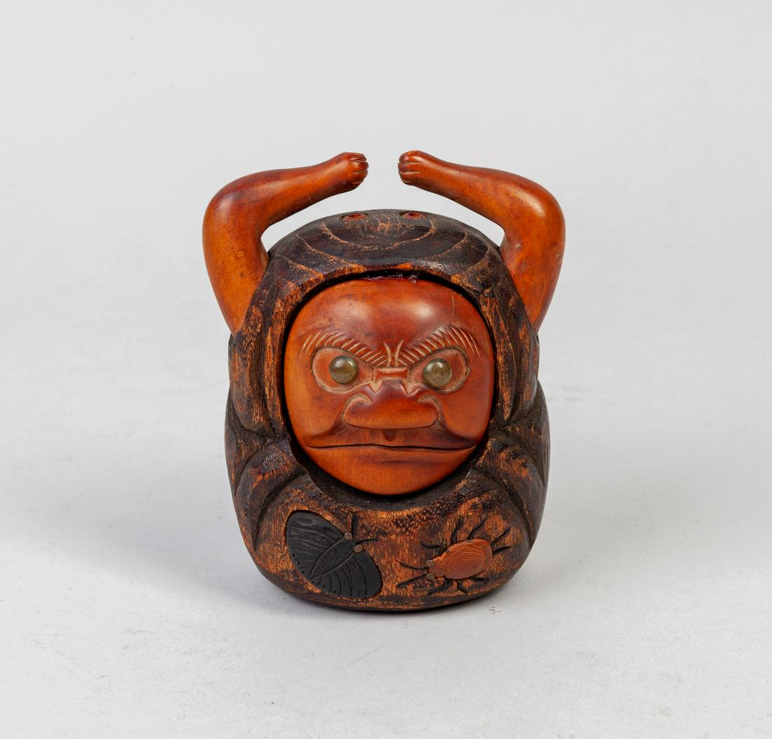 Japanese Meiji Period Antique Wood Inro: Japanese meiji period antique wood inro box, carved with an angry face and bugs. 4*3*2.5inch.