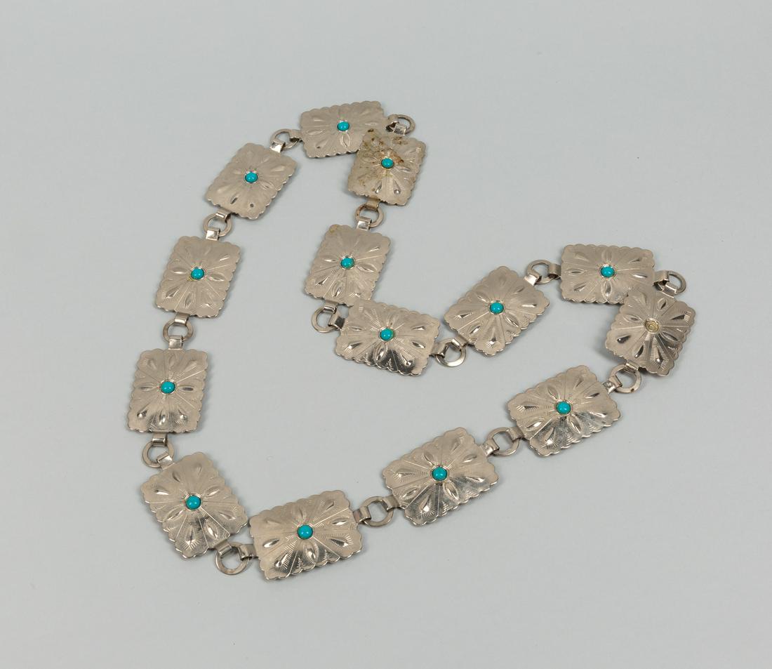 Designed Native American Silver Plated Belt.: Designed native American type silver lated belt decorated highlight with turquoise stone. 35 inch L, 155.2 g.