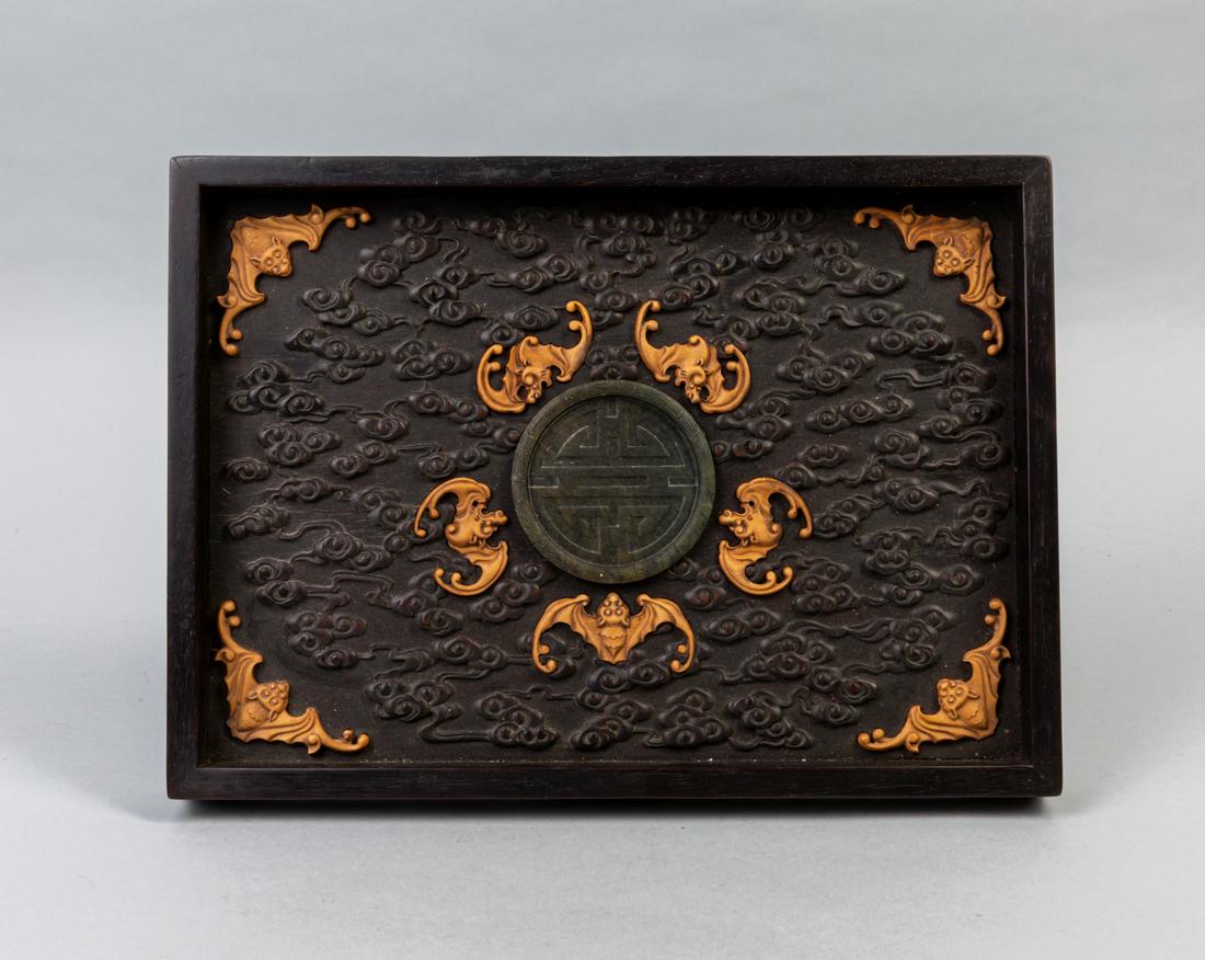 Chinese Export Carved Wood Tray Inlaid Jade (1 of 10)