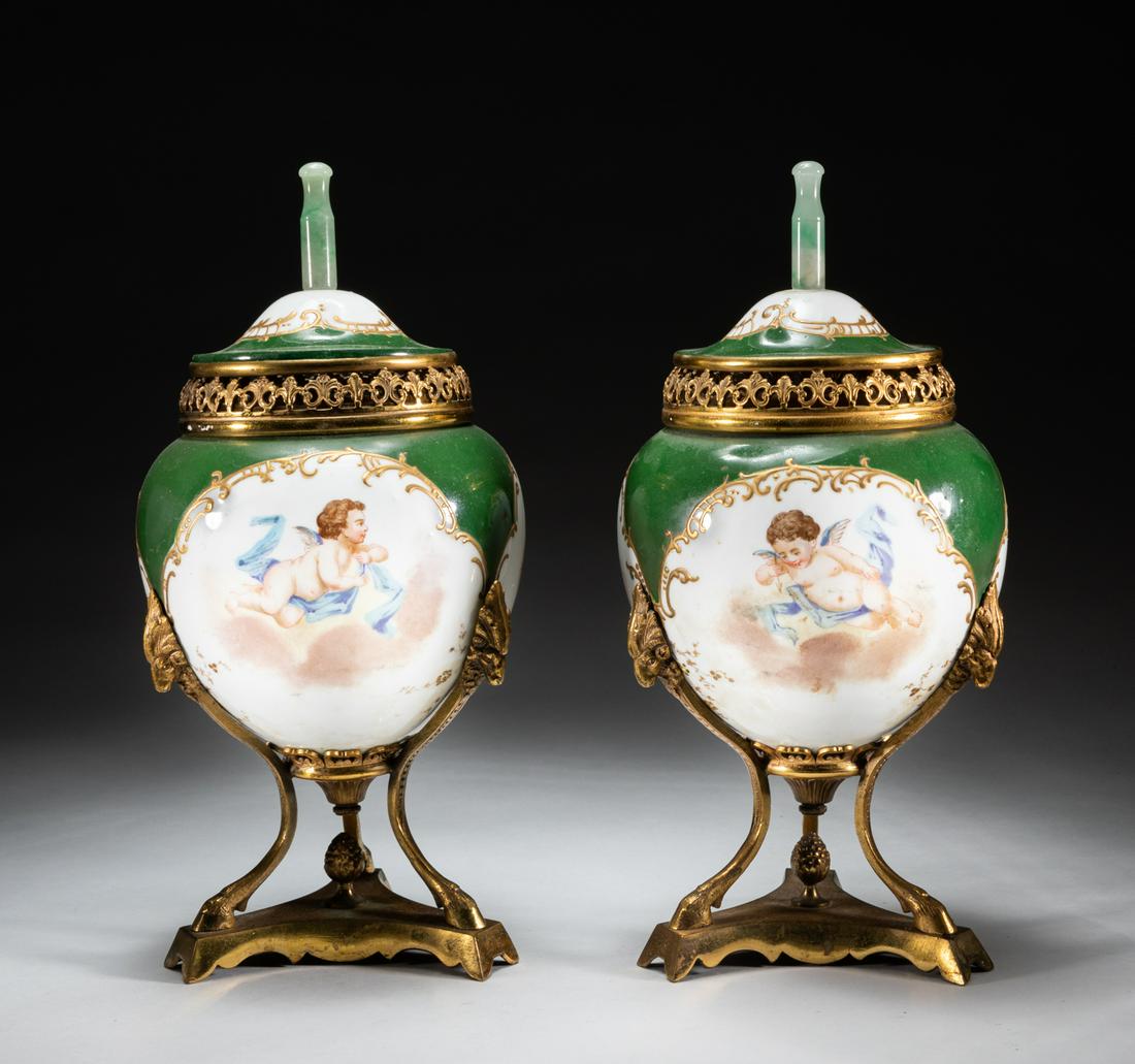 Pairs France Enameled Porcelain Urns with Chinese Jade (1 of 12)