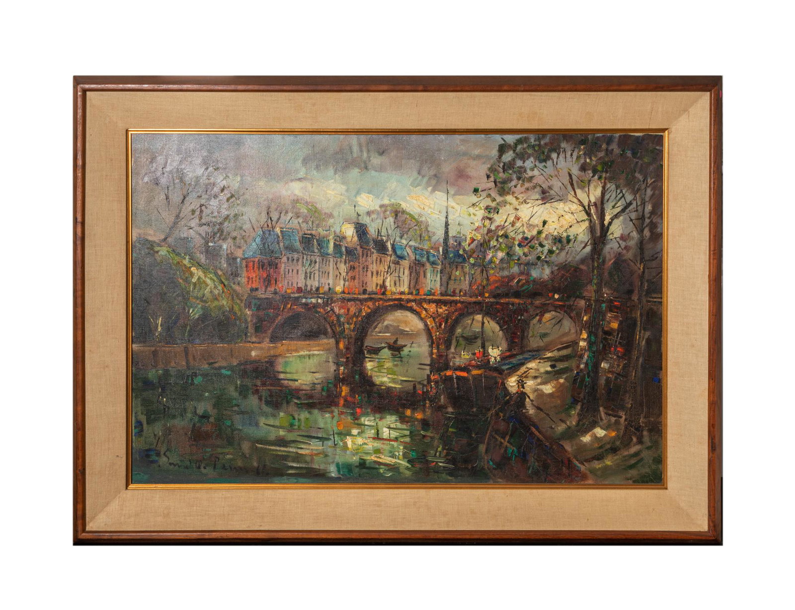 Framed Oil Painting on Canvas of Bridge: Oil painting on canvas, painted bridge and baroque type building. 31-44 inch.
